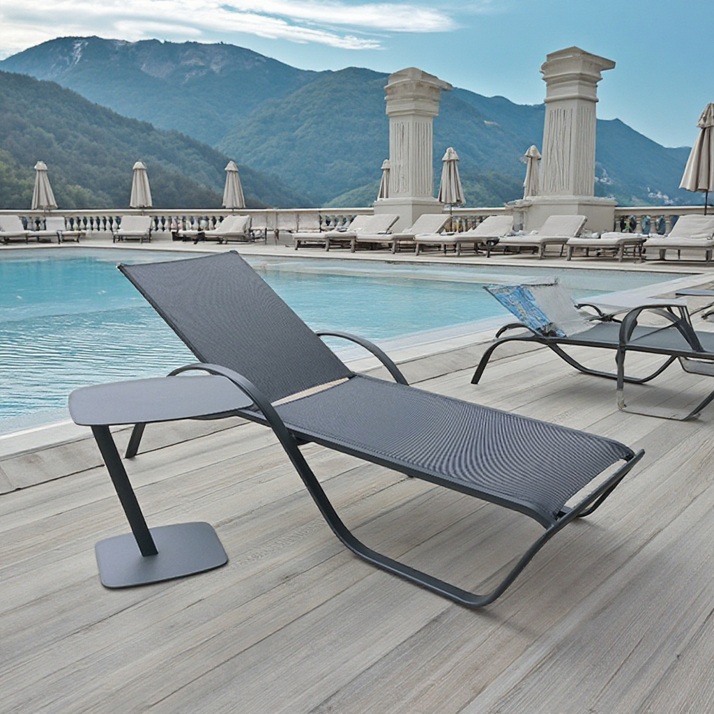 Outdoor Pool Furniture Aluminum Frame Sun Lounger Side Table Waterproof Fabric Mesh Elegant Patio Courtyard Beach Bed Design