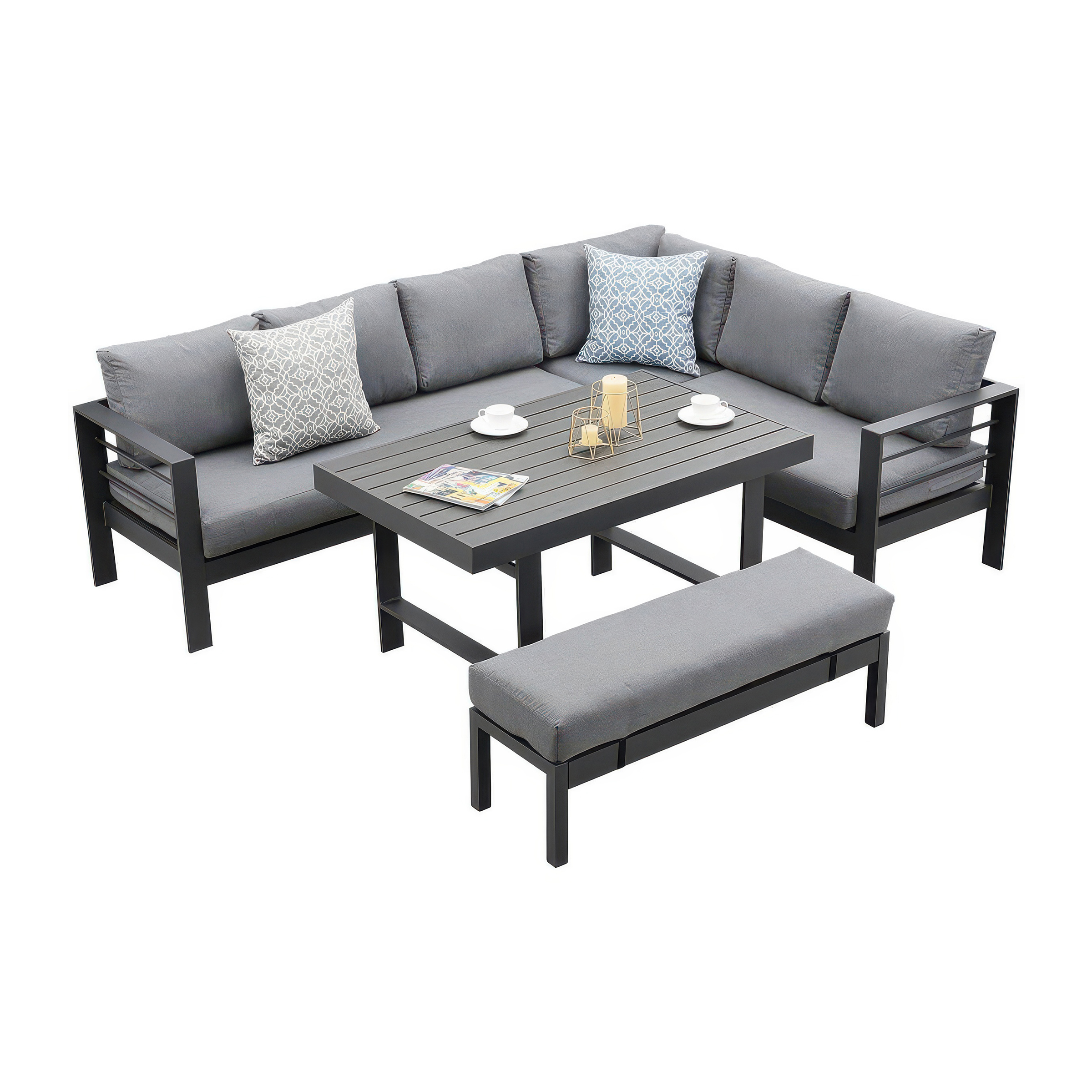 AJUNION Modern Garden Furniture Aluminum Corner Sofa Outdoor Dining Set HDPE Slat Table Top Garden Dining Sofa with Bench